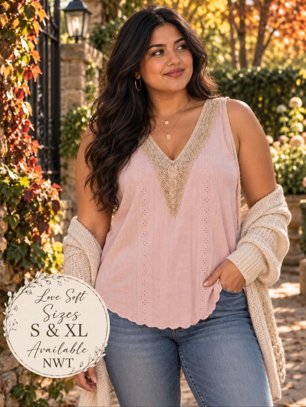 Lovesoft NWT Blush Pink Eyelet Crochet Trim  V-Neck Tank Top
